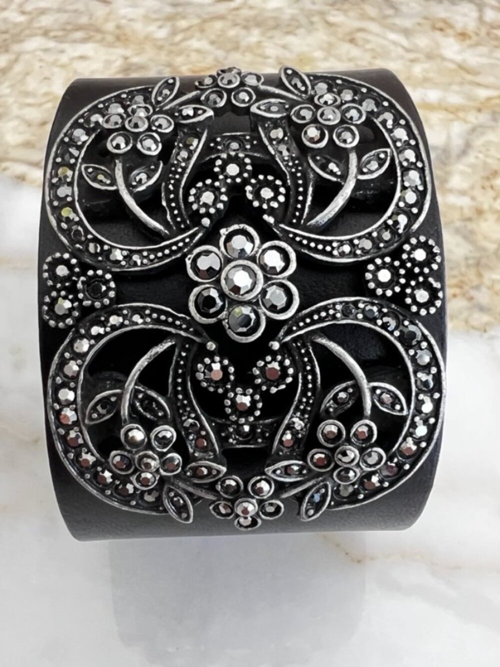 Leather bracelet, marcasite look